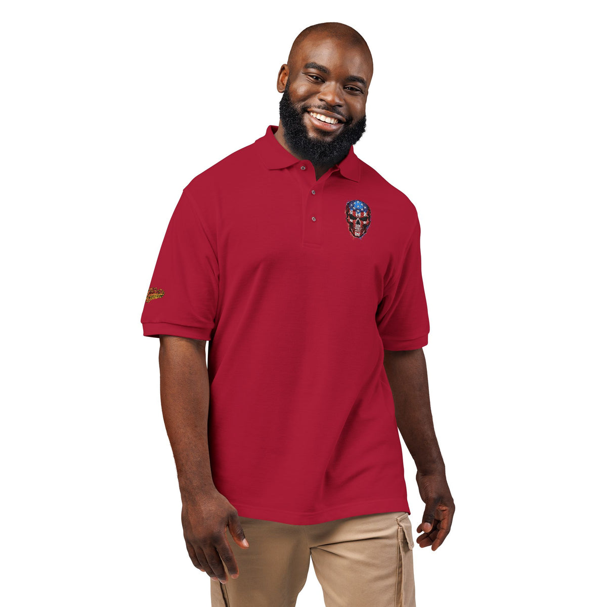 Embroidered American Flag Skull Polo