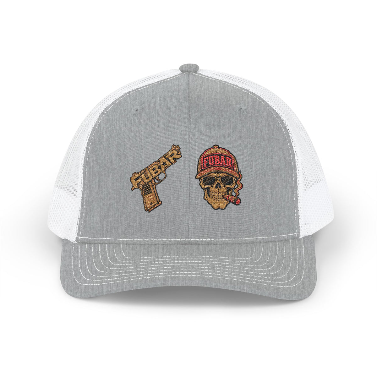 Richardson Trucker Cap — Gold Gun & Skull Patch (Embroidered)