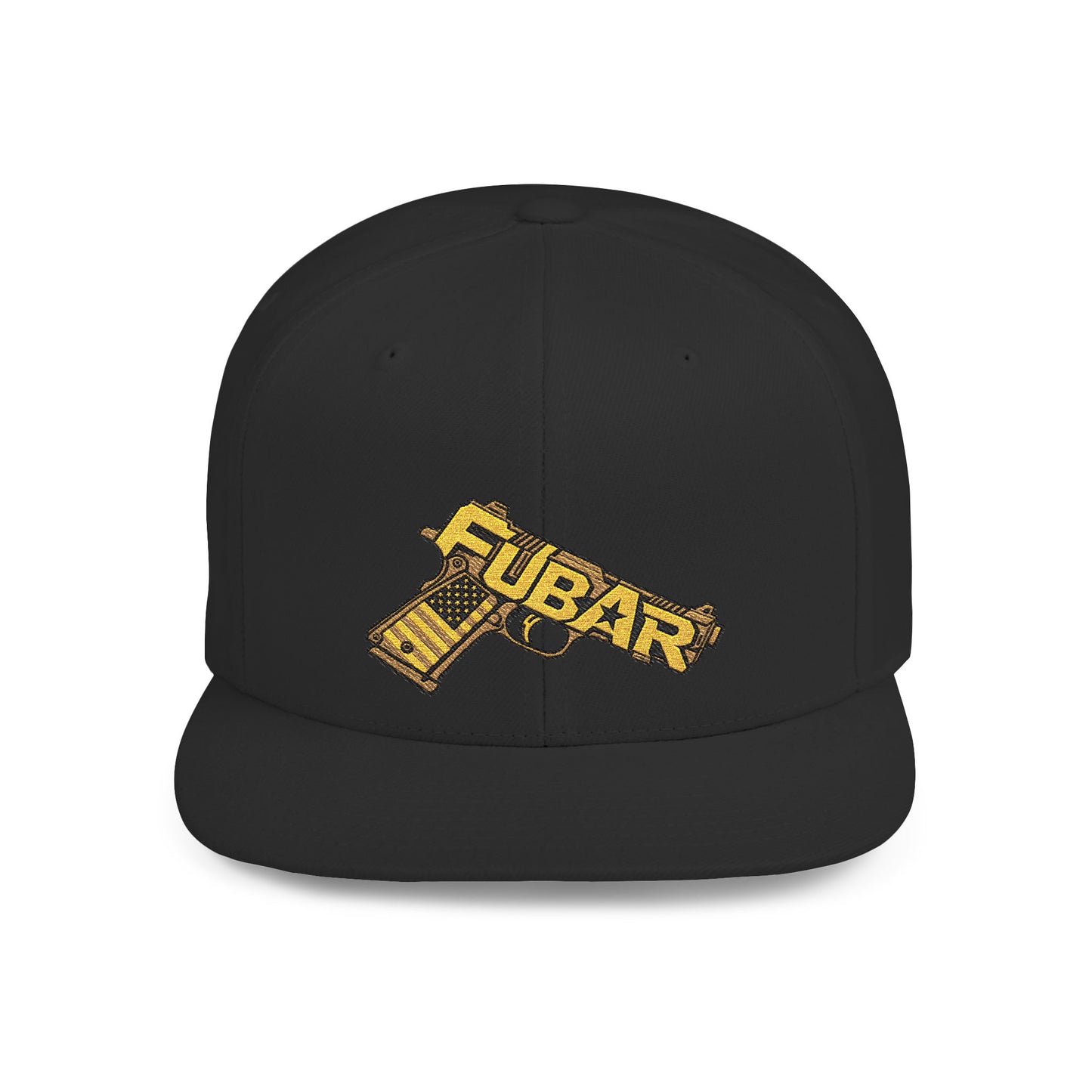 Snapback Hat — Gold 'FUBAR' Gun Embroidery