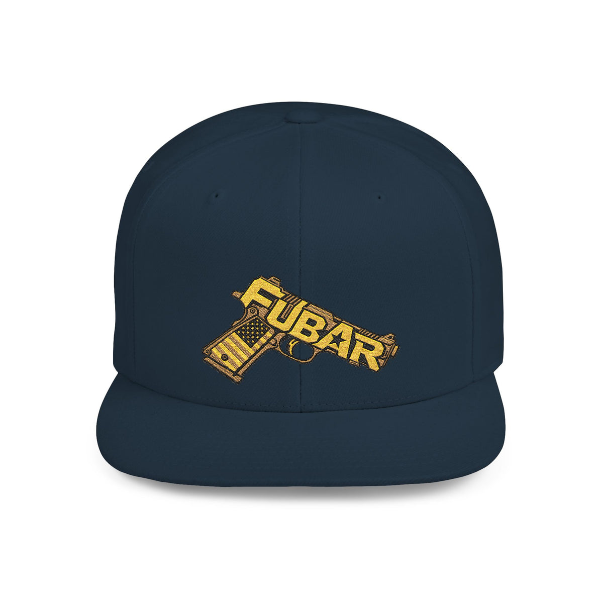 Snapback Hat — Gold 'FUBAR' Gun Embroidery