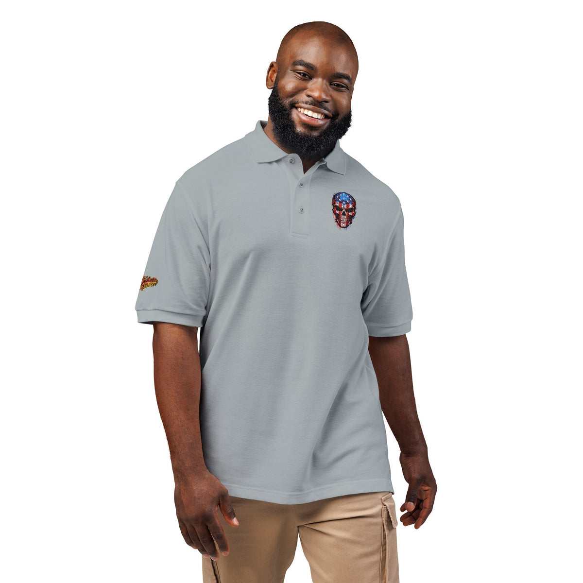 Embroidered American Flag Skull Polo