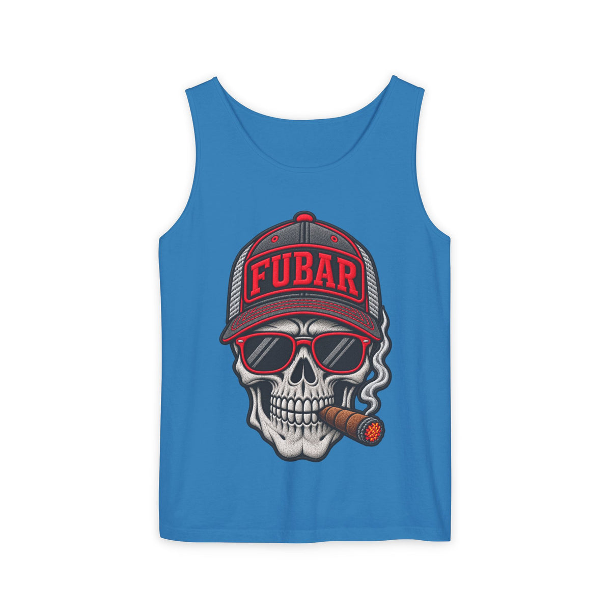 FUBAR Skull Tank Top — Cigar-Smoking Skull with Trucker Hat & Rifle Logo
