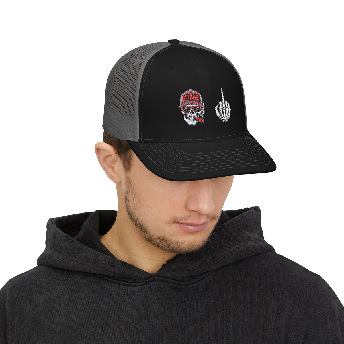Richardson Skull & Middle Finger Trucker Cap (Embroidered)