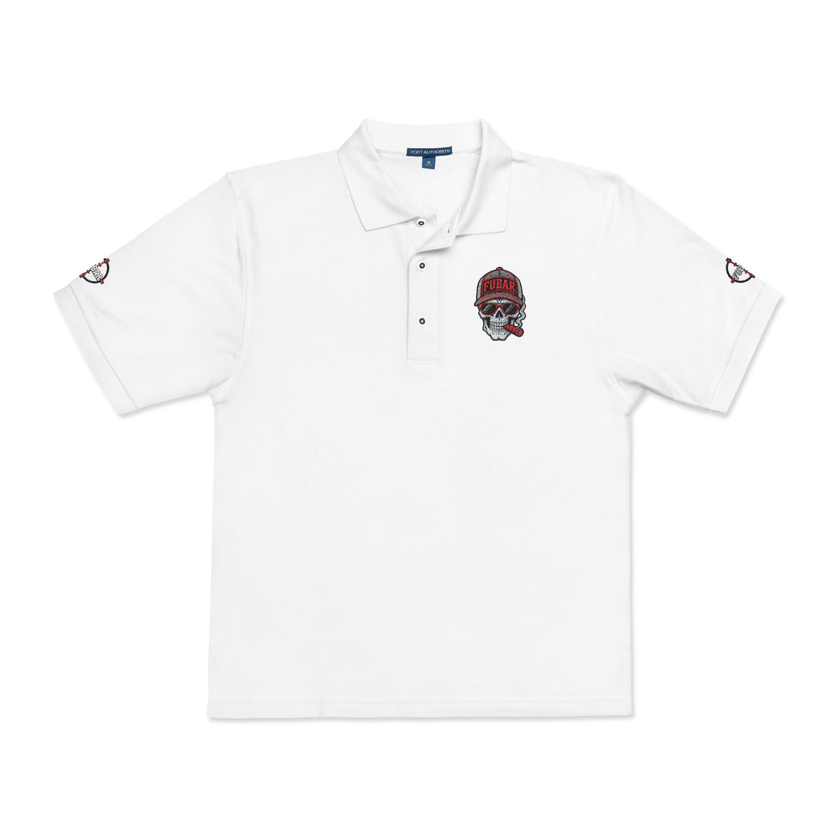 Embroidered Skull Polo Shirt — Red Floral Skull Chest & Sleeve Logo