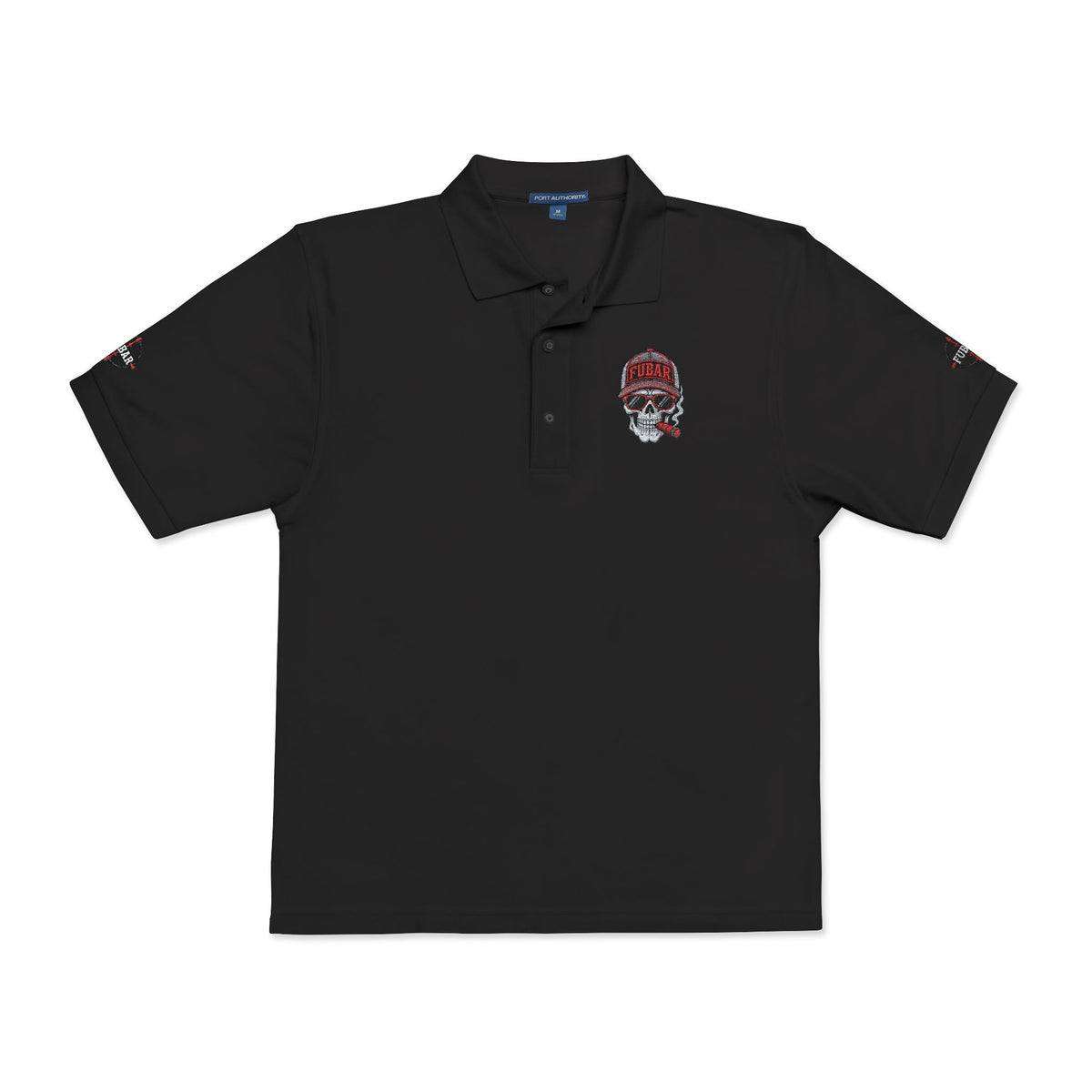 Embroidered Skull Polo Shirt — Red Floral Skull Chest & Sleeve Logo