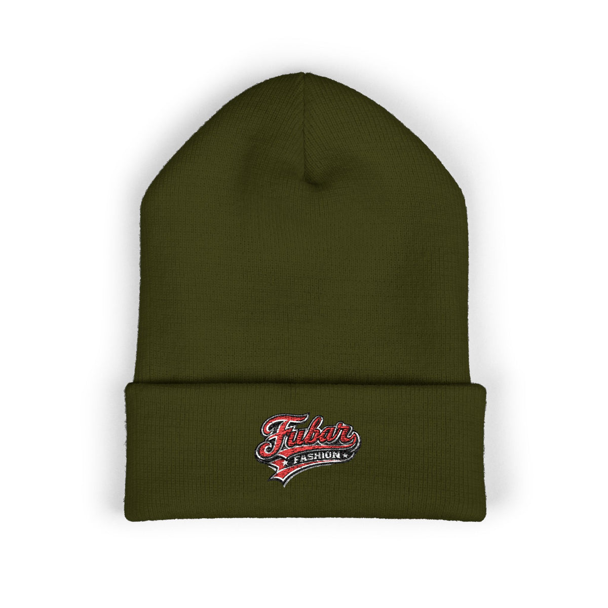 Embroidered Retro Script Beanie — Classic Cuffed Knit Hat