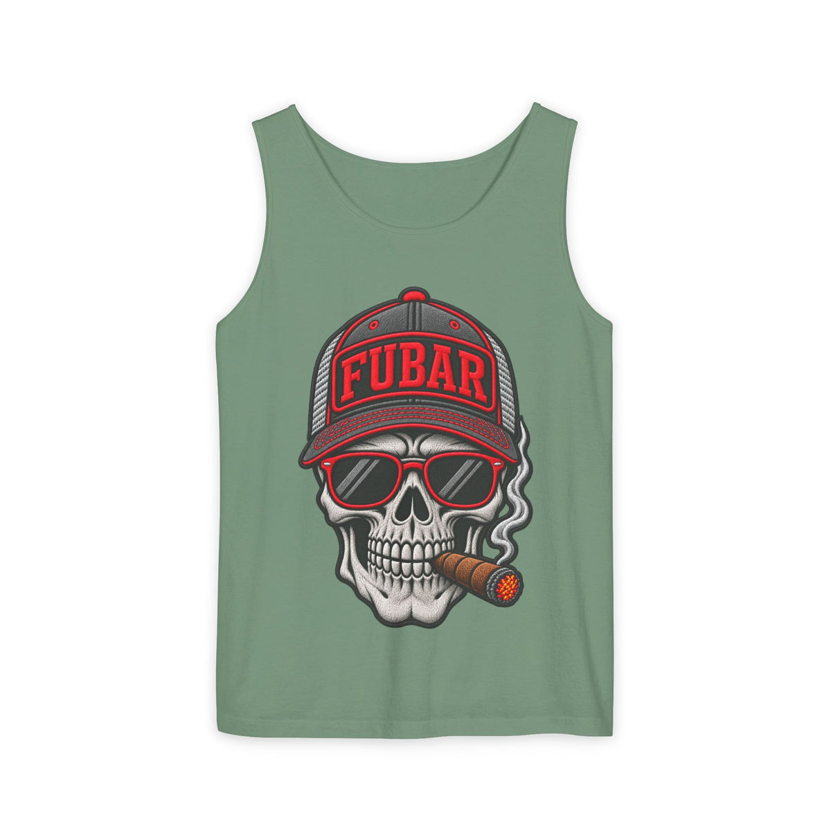 FUBAR Skull Tank Top — Cigar-Smoking Skull with Trucker Hat & Rifle Logo