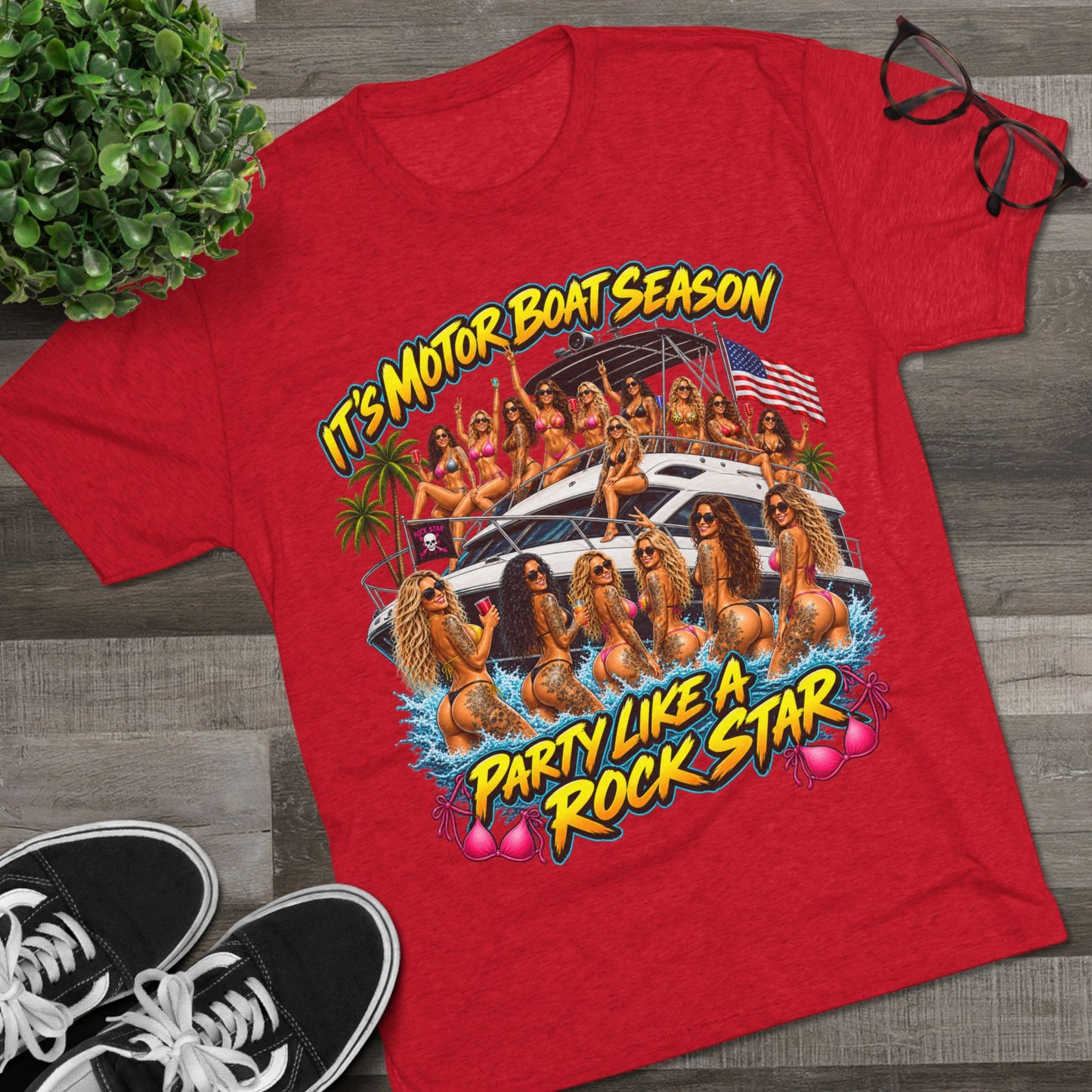 Motor Boat Season Party Tee — "Party Like a Rock Star" Graphic Shirt