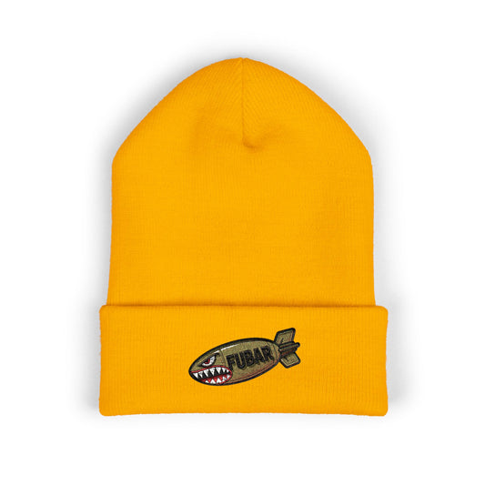 Embroidered Shark Bomb Cuffed Beanie — Yellow Cold-Weather Knit Hat
