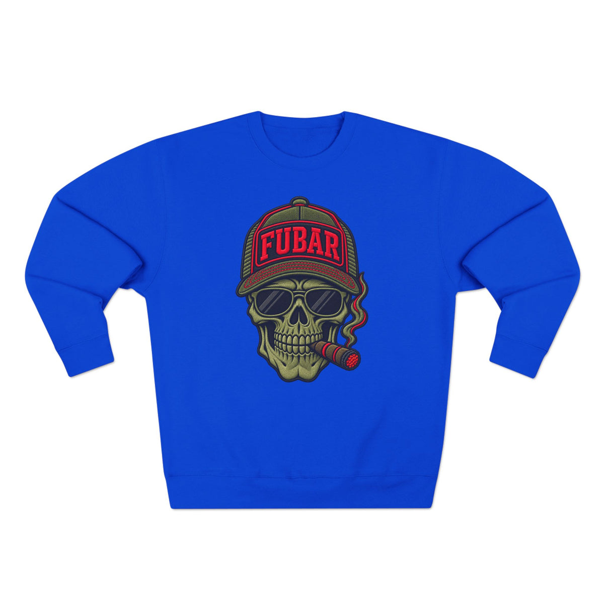 FUBAR Skull Crewneck Sweatshirt — Graphic Skull with Cap & Cigar