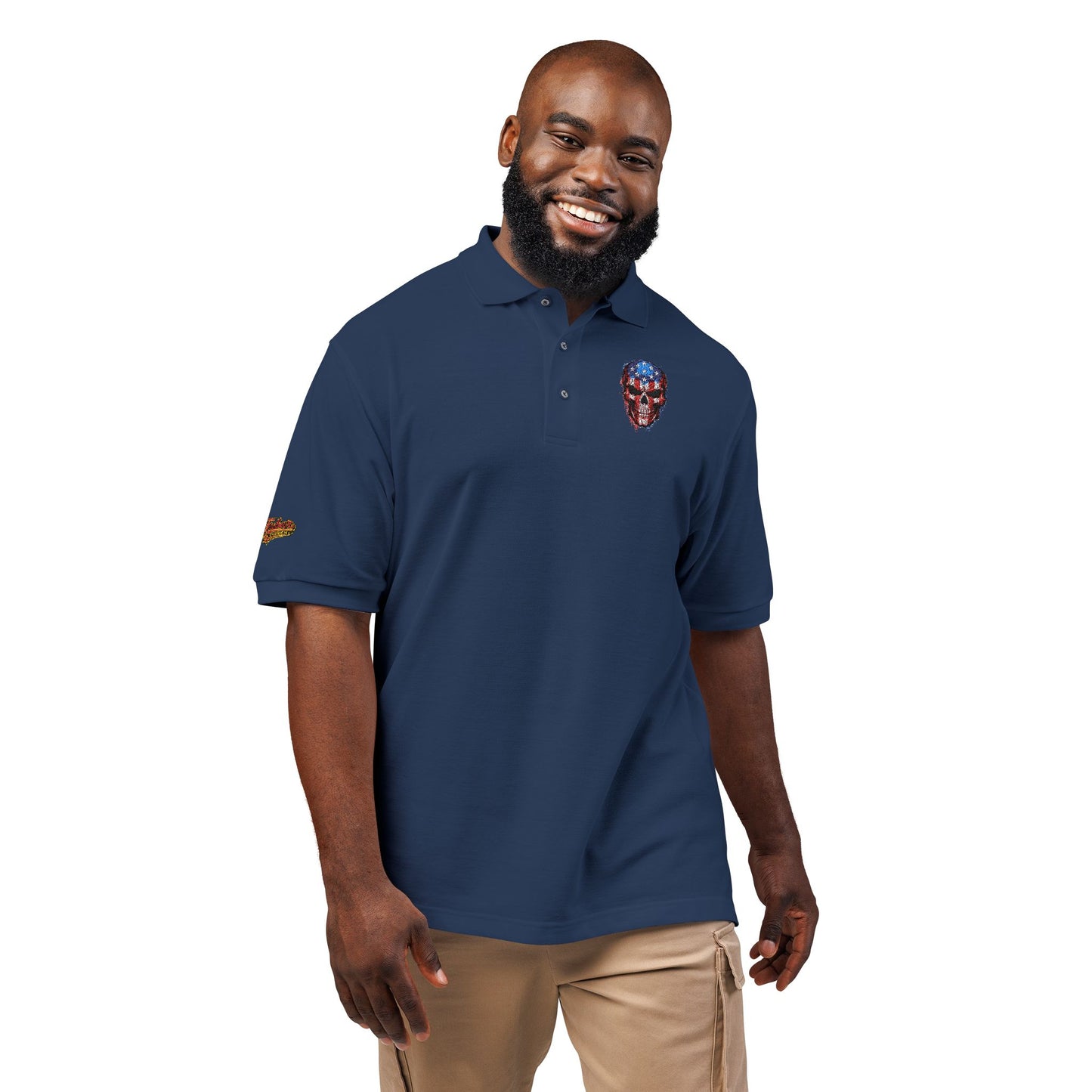 Embroidered American Flag Skull Polo