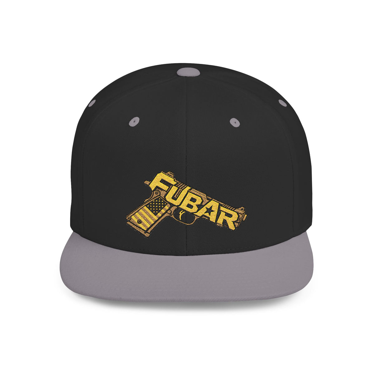 Snapback Hat — Gold 'FUBAR' Gun Embroidery