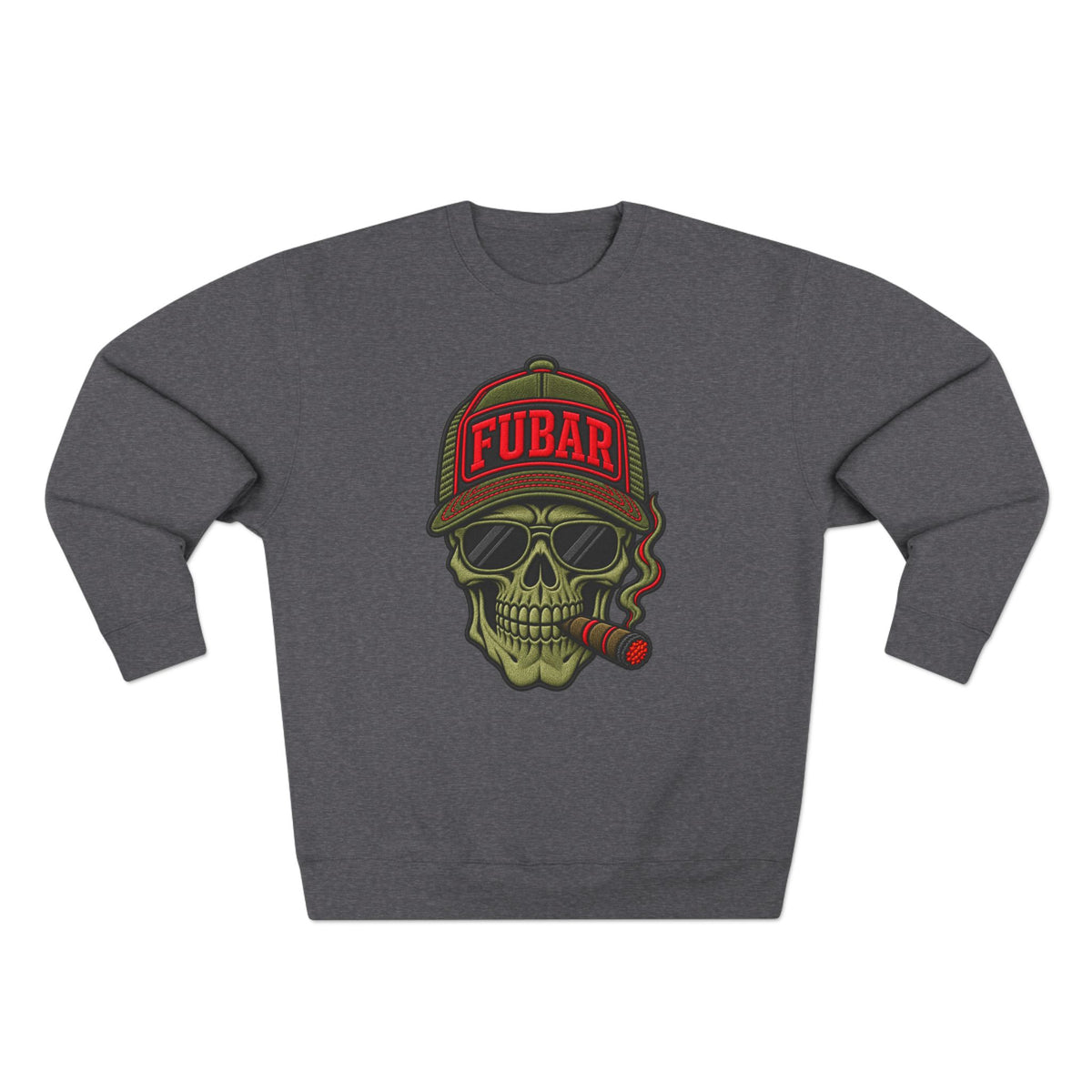 FUBAR Skull Crewneck Sweatshirt — Graphic Skull with Cap & Cigar