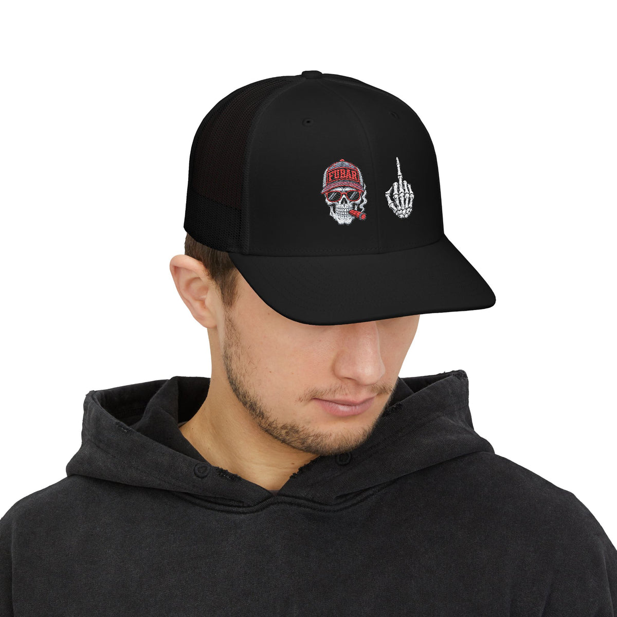 Richardson Skull & Middle Finger Trucker Cap (Embroidered)