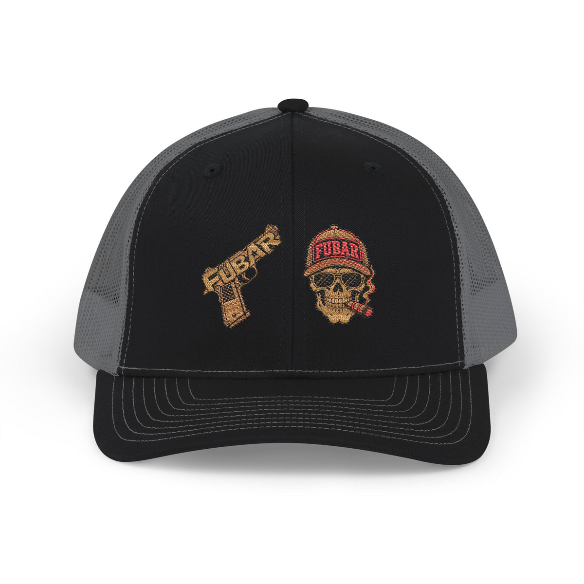 Richardson Trucker Cap — Gold Gun & Skull Patch (Embroidered)
