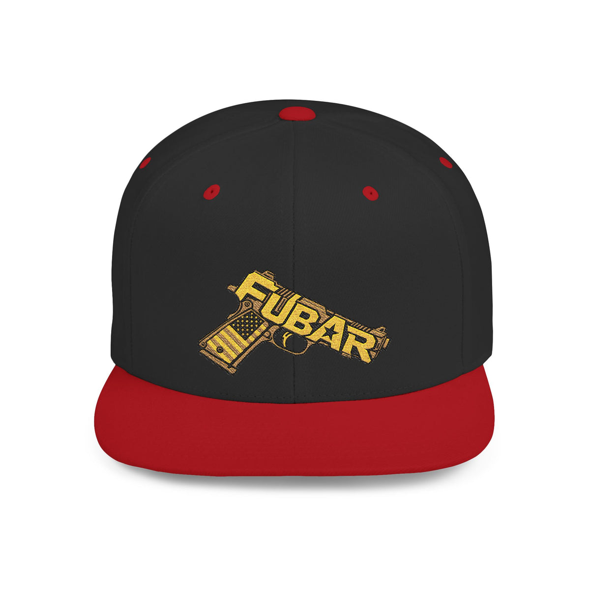Snapback Hat — Gold 'FUBAR' Gun Embroidery