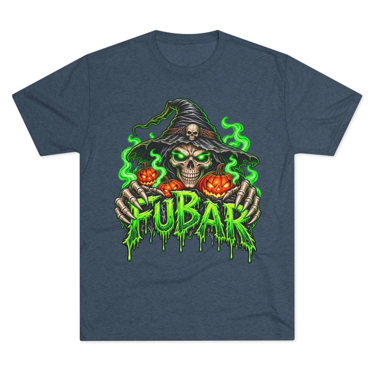 FUBAR Halloween Skull Tee — Neon Green Witch & Jack-o'-Lantern