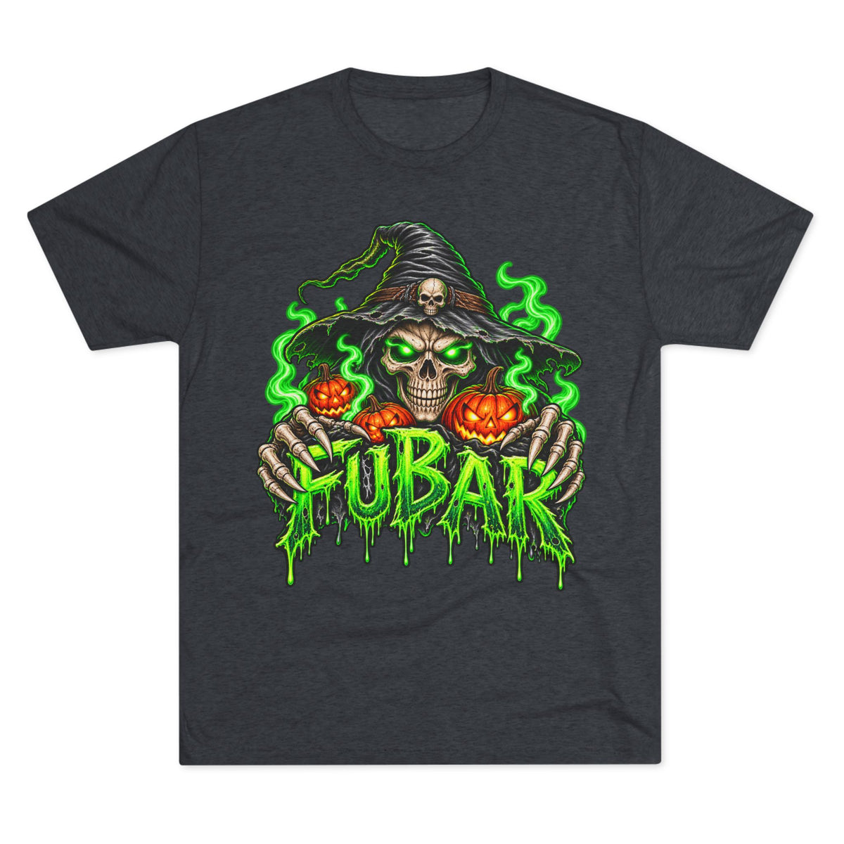 FUBAR Halloween Skull Tee — Neon Green Witch & Jack-o'-Lantern