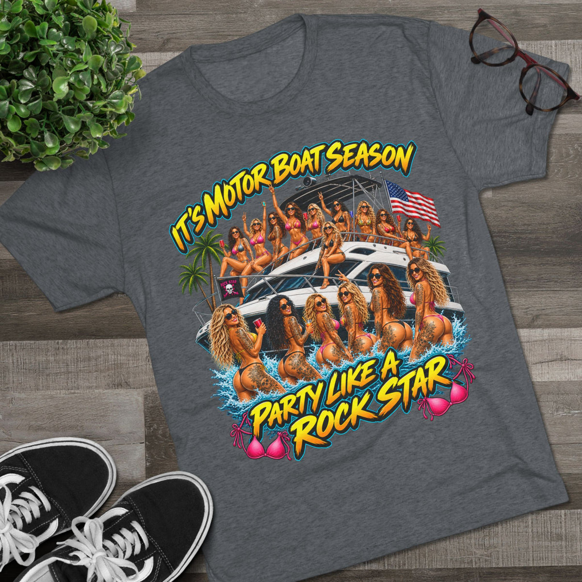 Motor Boat Season Party Tee — "Party Like a Rock Star" Graphic Shirt