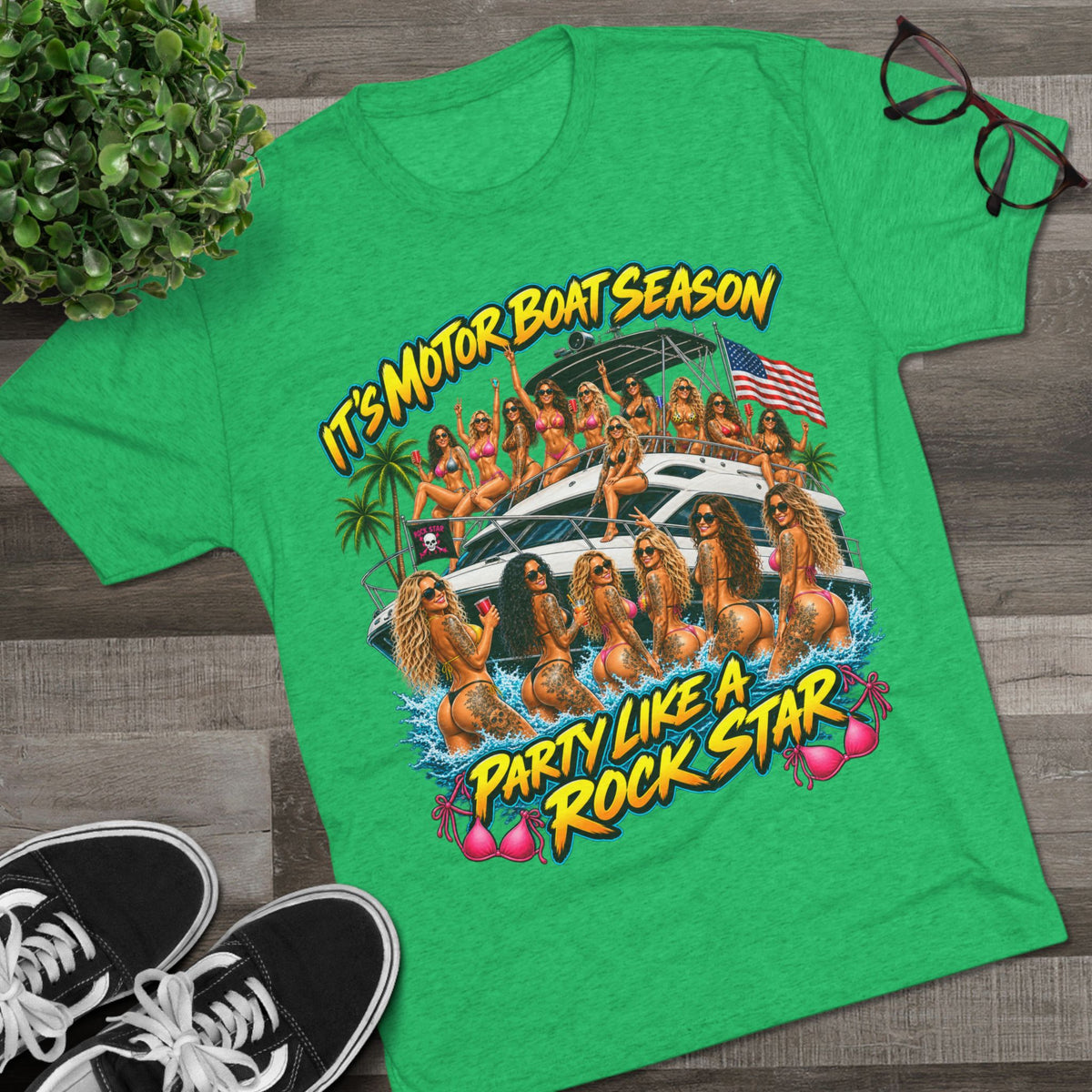 Motor Boat Season Party Tee — "Party Like a Rock Star" Graphic Shirt