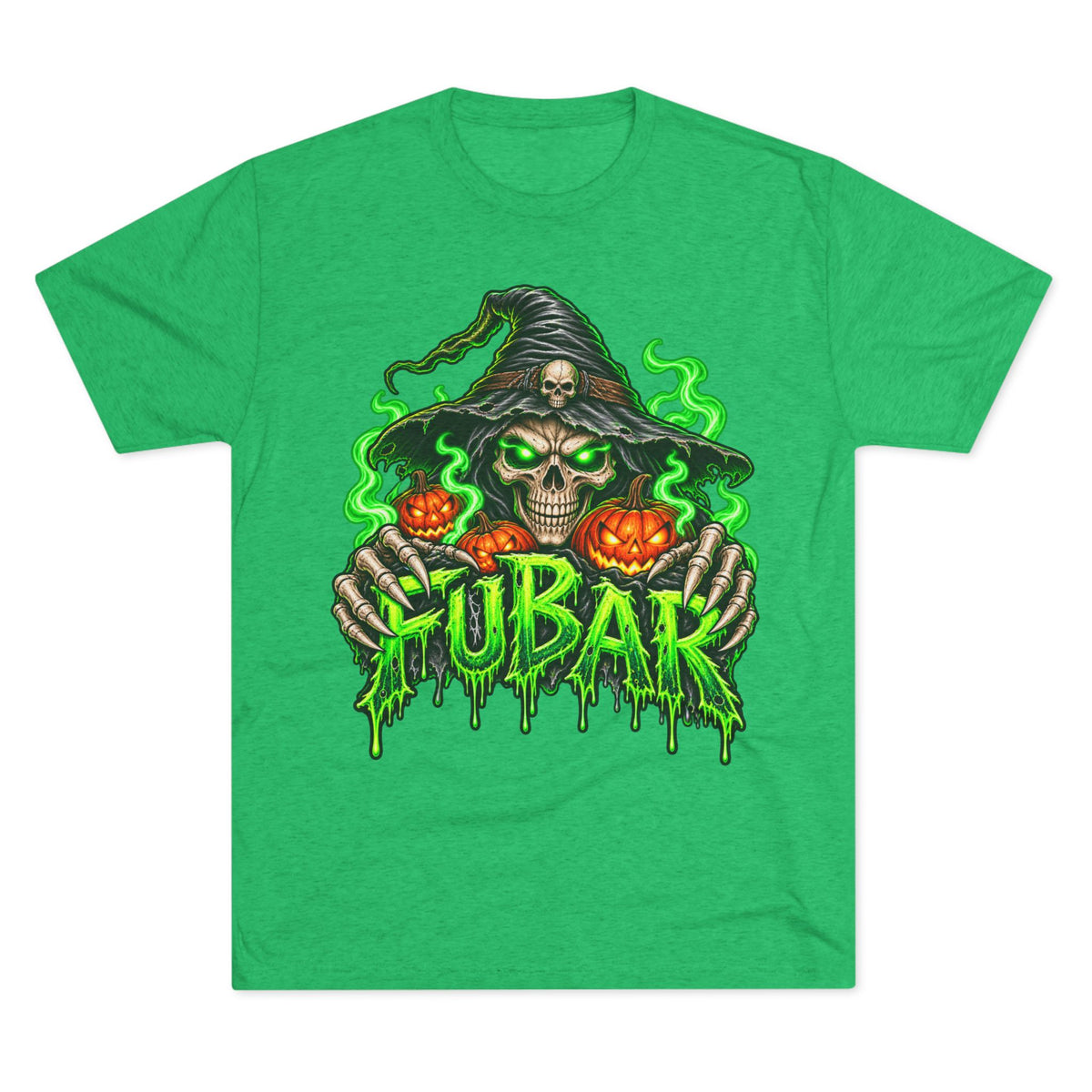 FUBAR Halloween Skull Tee — Neon Green Witch & Jack-o'-Lantern
