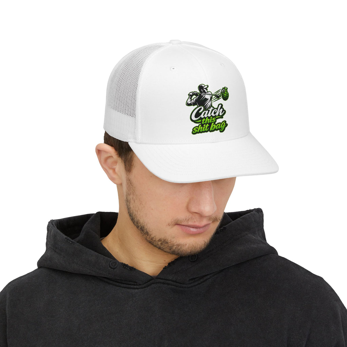 Catch This Shit Bag Snapback Trucker Cap (Direct-To-Film, Curved-Visor)