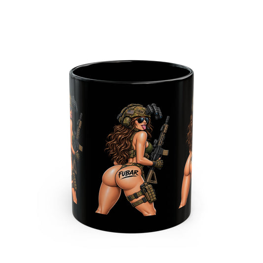 FUBAR Pin-Up Tactical Girl Black Coffee Mug (11oz/15oz)