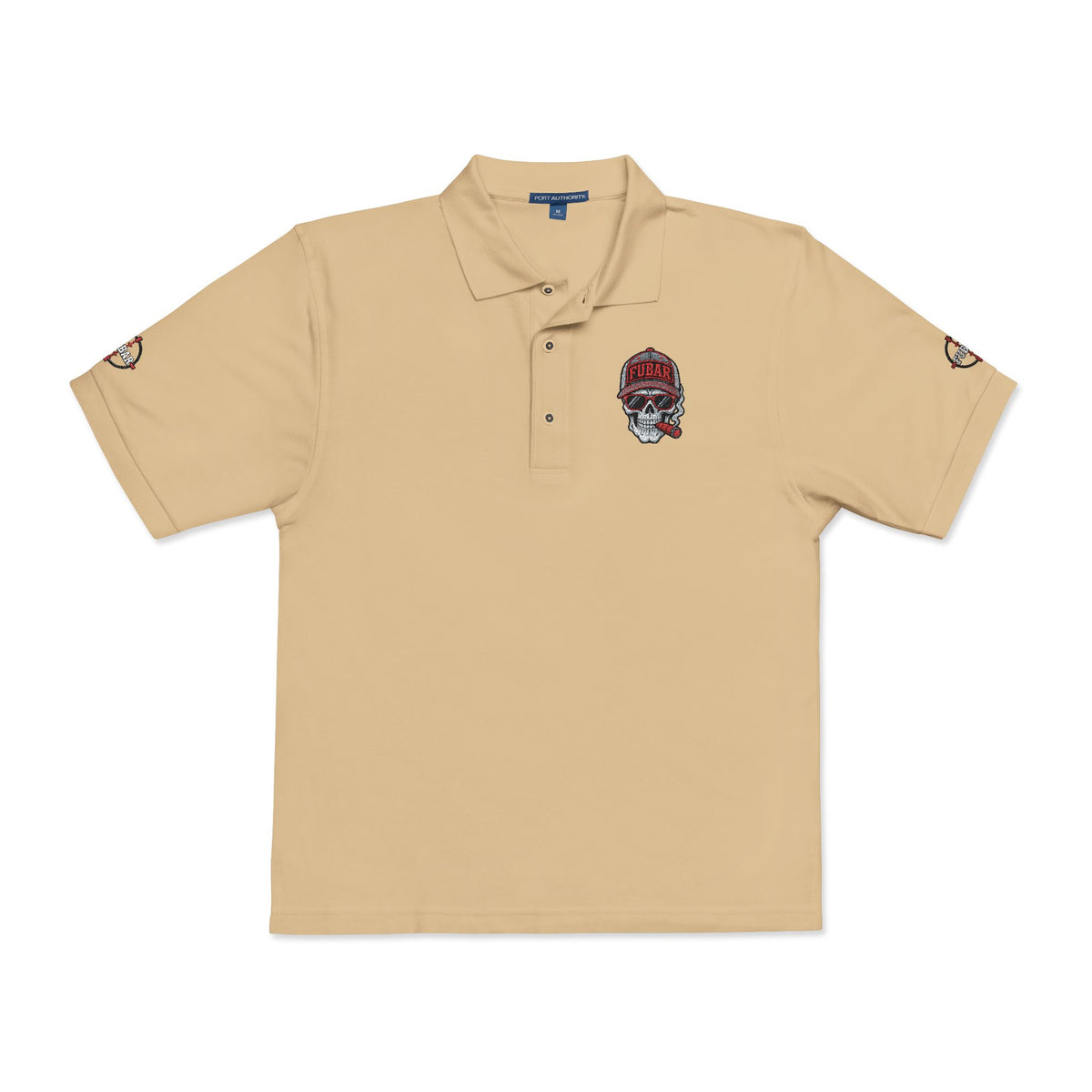 Embroidered Skull Polo Shirt — Red Floral Skull Chest & Sleeve Logo