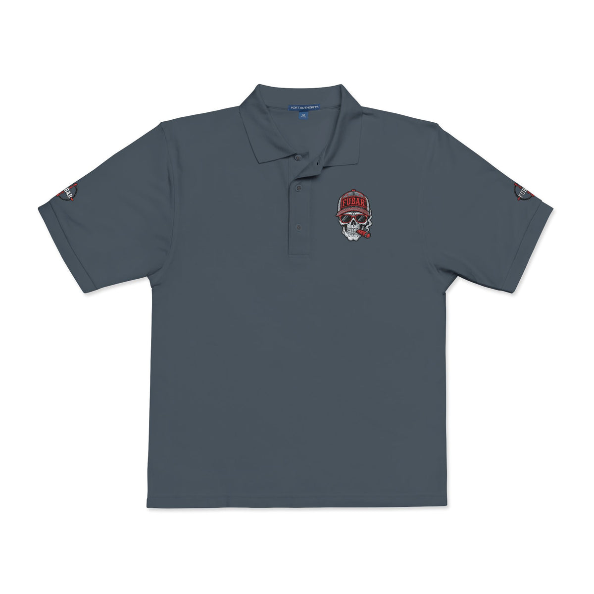 Embroidered Skull Polo Shirt — Red Floral Skull Chest & Sleeve Logo