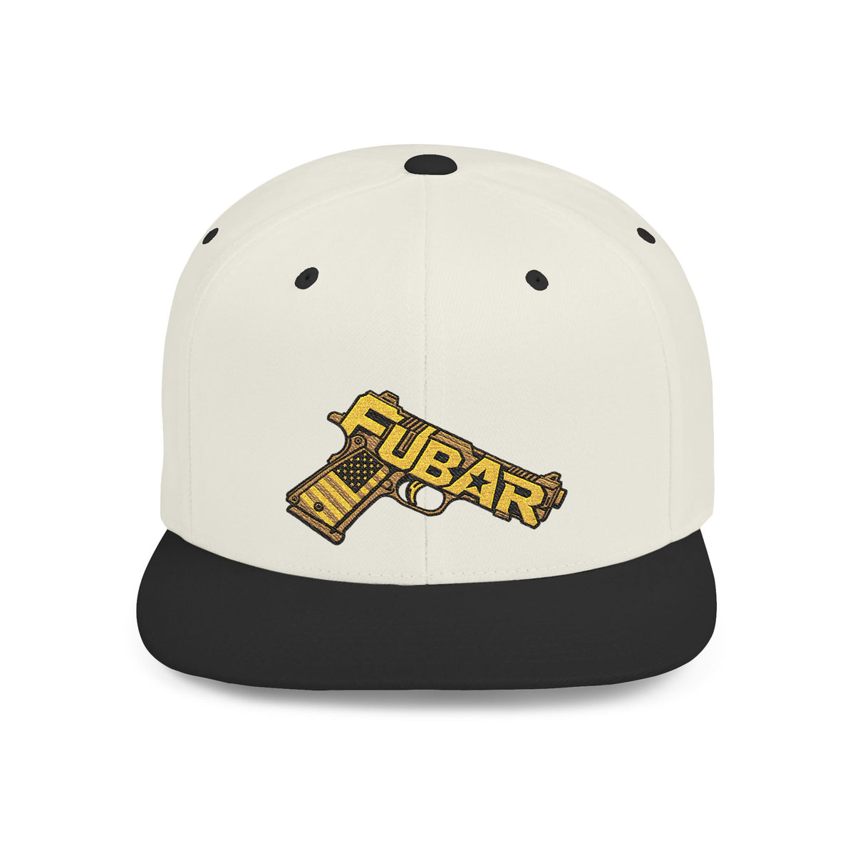 Snapback Hat — Gold 'FUBAR' Gun Embroidery