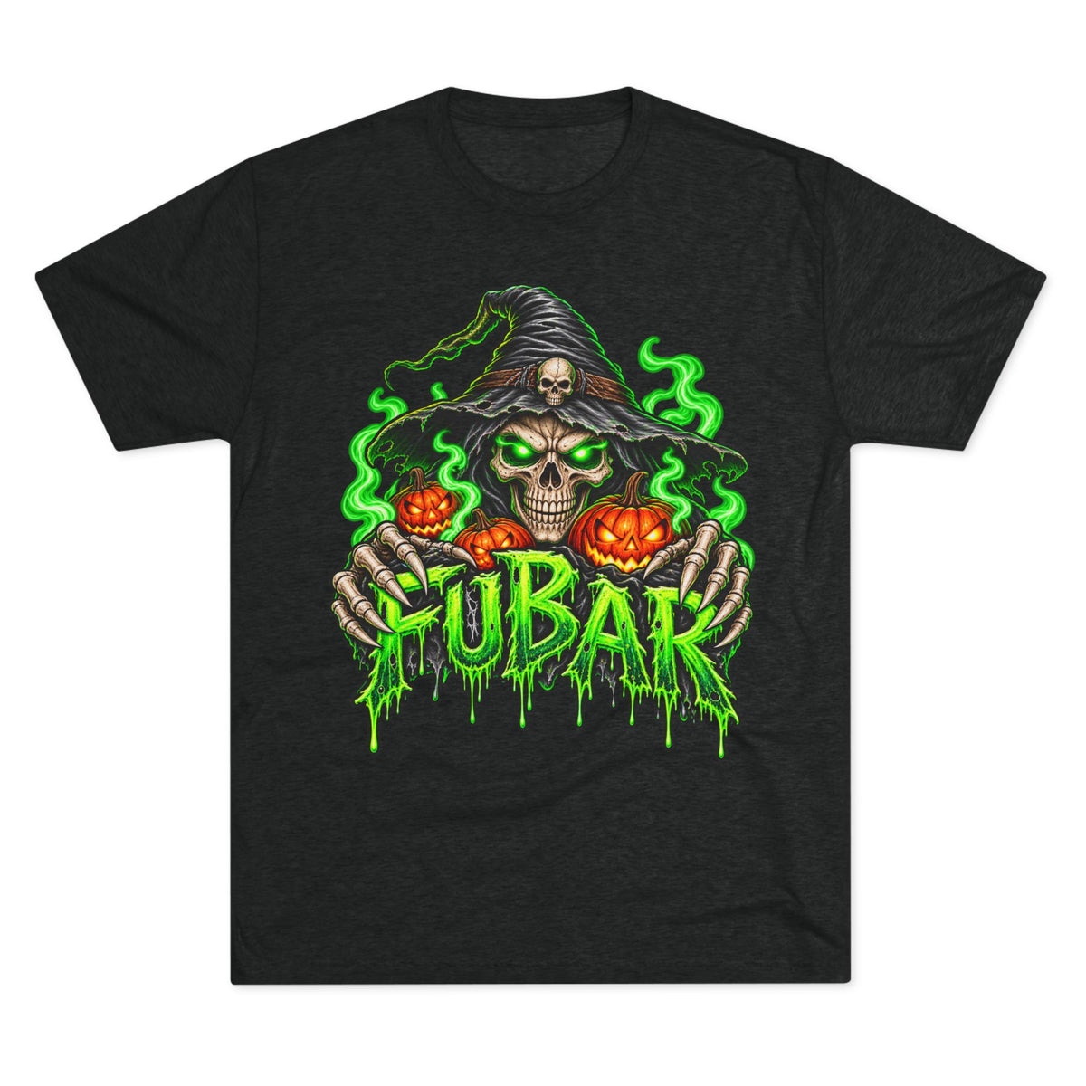 FUBAR Halloween Skull Tee — Neon Green Witch & Jack-o'-Lantern