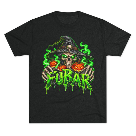 FUBAR Halloween Skull Tee — Neon Green Witch & Jack-o'-Lantern