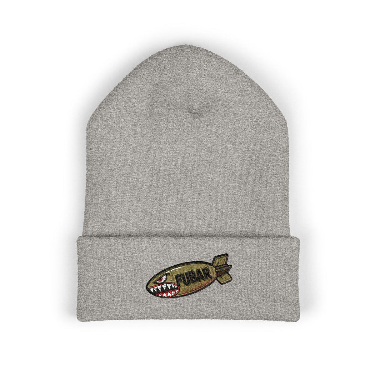 Embroidered Shark Bomb Cuffed Beanie — Yellow Cold-Weather Knit Hat