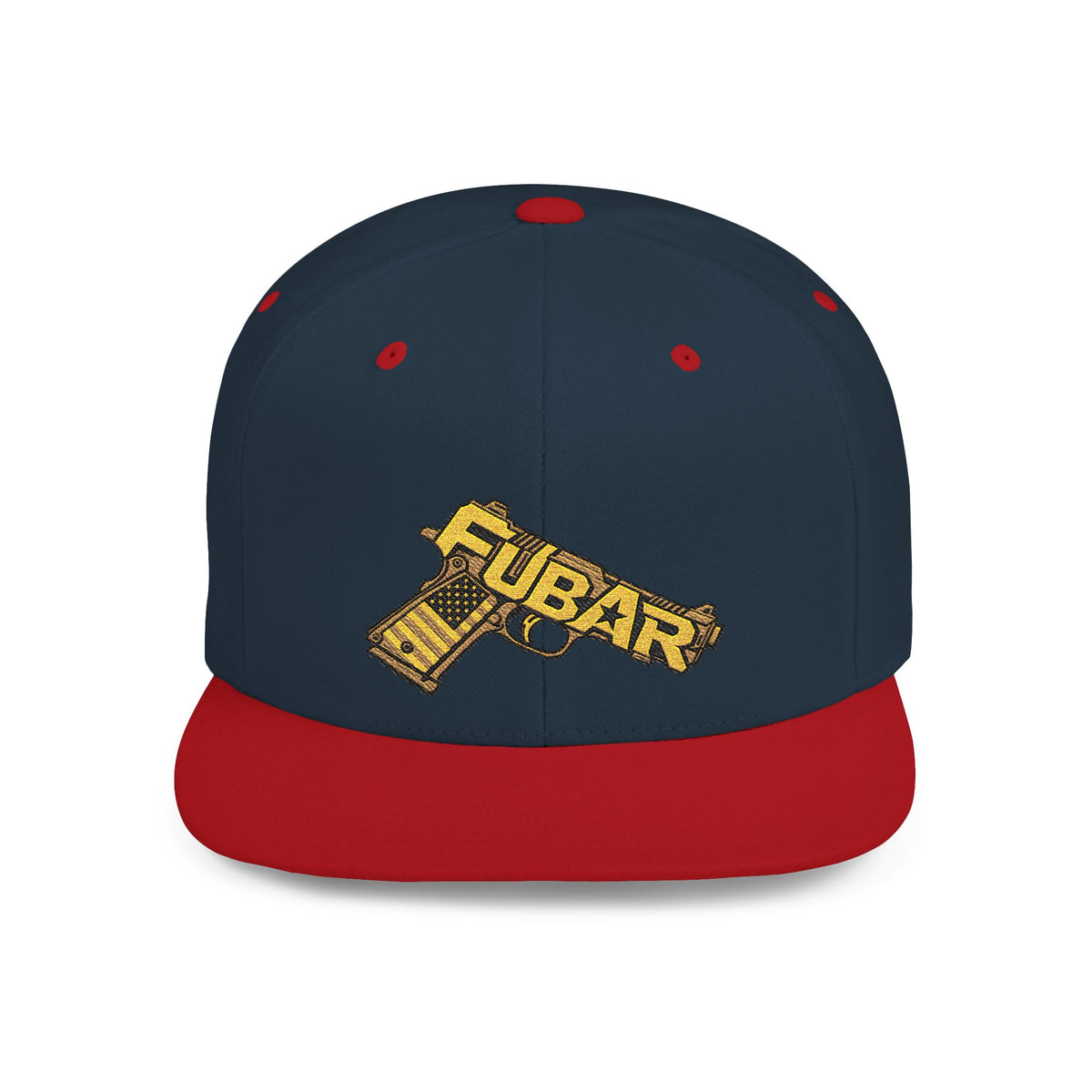Snapback Hat — Gold 'FUBAR' Gun Embroidery