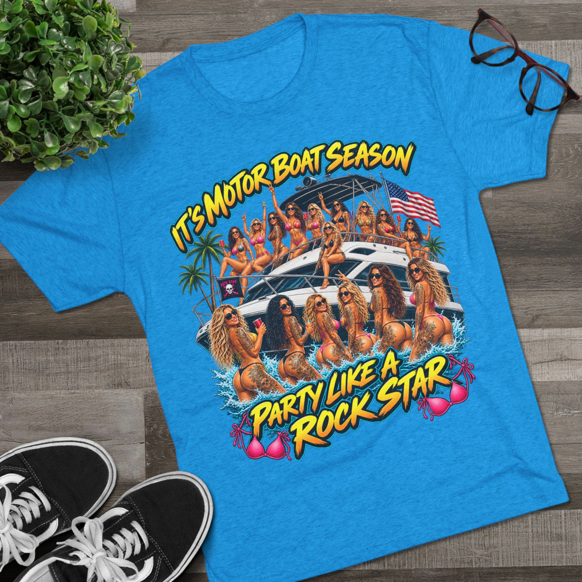 Motor Boat Season Party Tee — "Party Like a Rock Star" Graphic Shirt