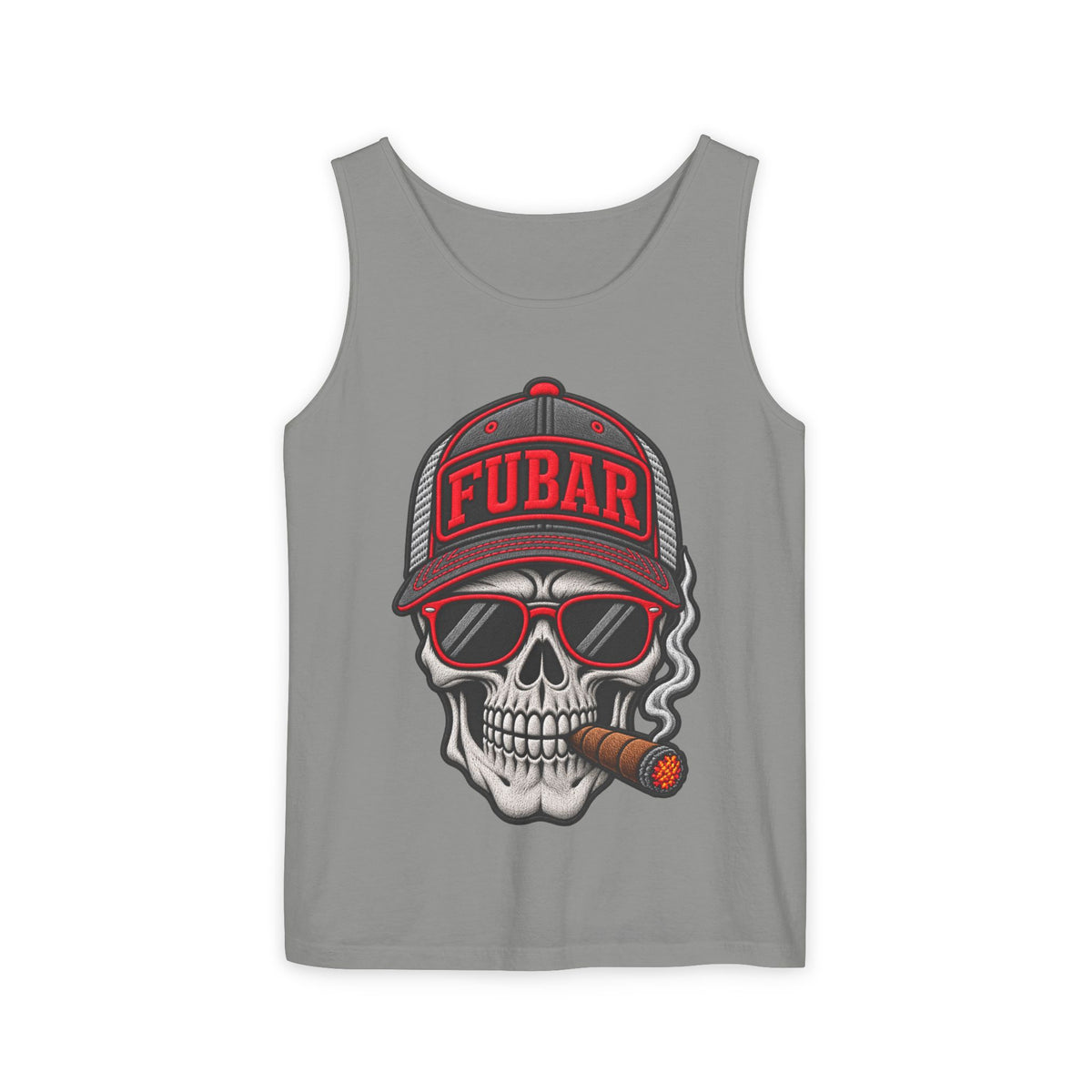 FUBAR Skull Tank Top — Cigar-Smoking Skull with Trucker Hat & Rifle Logo
