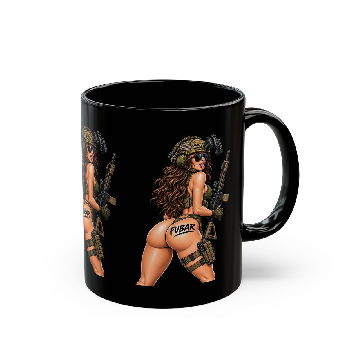 FUBAR Pin-Up Tactical Girl Black Coffee Mug (11oz/15oz)