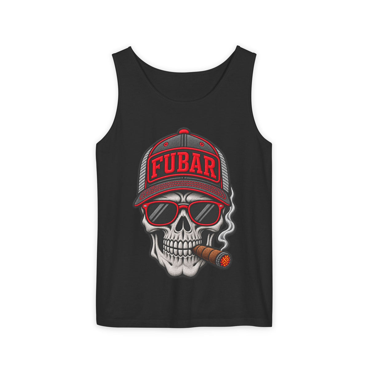 FUBAR Skull Tank Top — Cigar-Smoking Skull with Trucker Hat & Rifle Logo