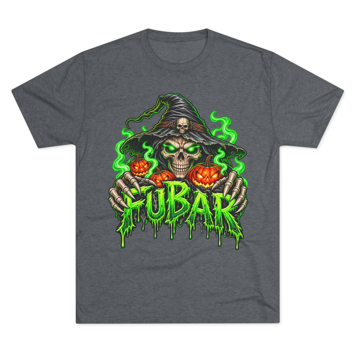 FUBAR Halloween Skull Tee — Neon Green Witch & Jack-o'-Lantern