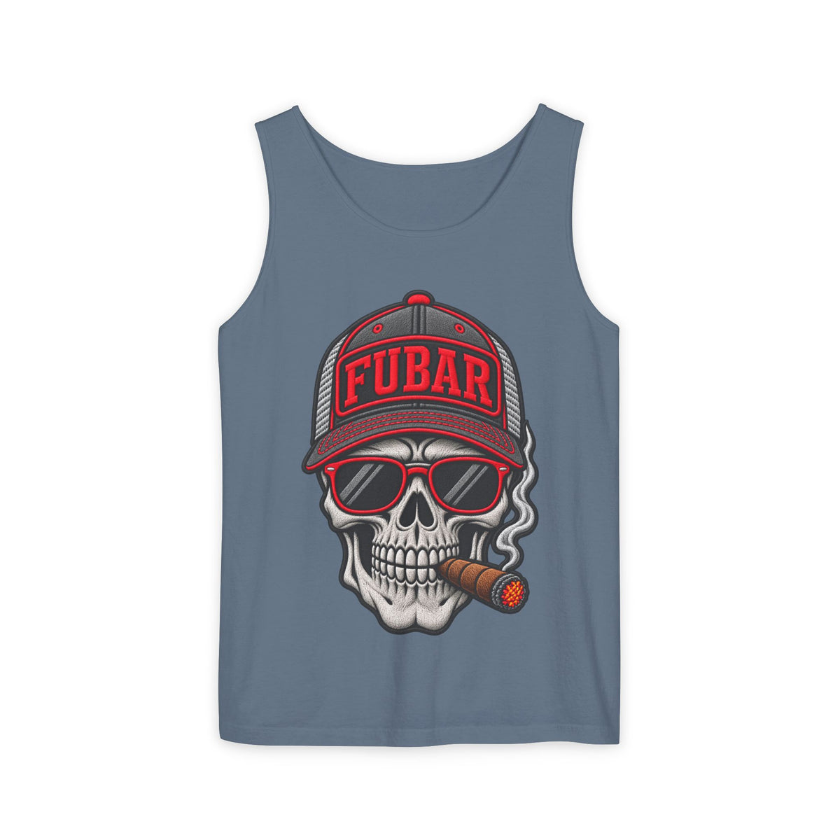 FUBAR Skull Tank Top — Cigar-Smoking Skull with Trucker Hat & Rifle Logo