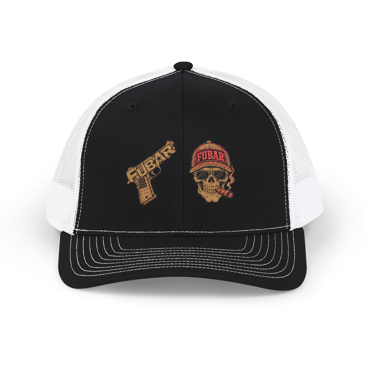 Richardson Trucker Cap — Gold Gun & Skull Patch (Embroidered)