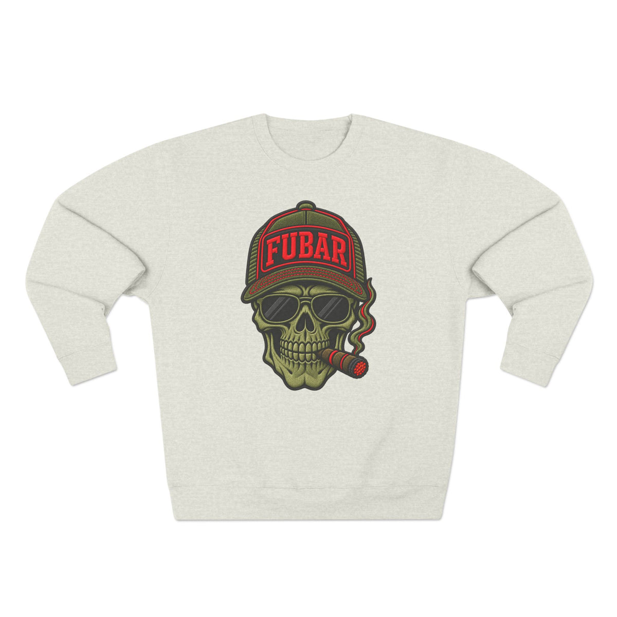 FUBAR Skull Crewneck Sweatshirt — Graphic Skull with Cap & Cigar