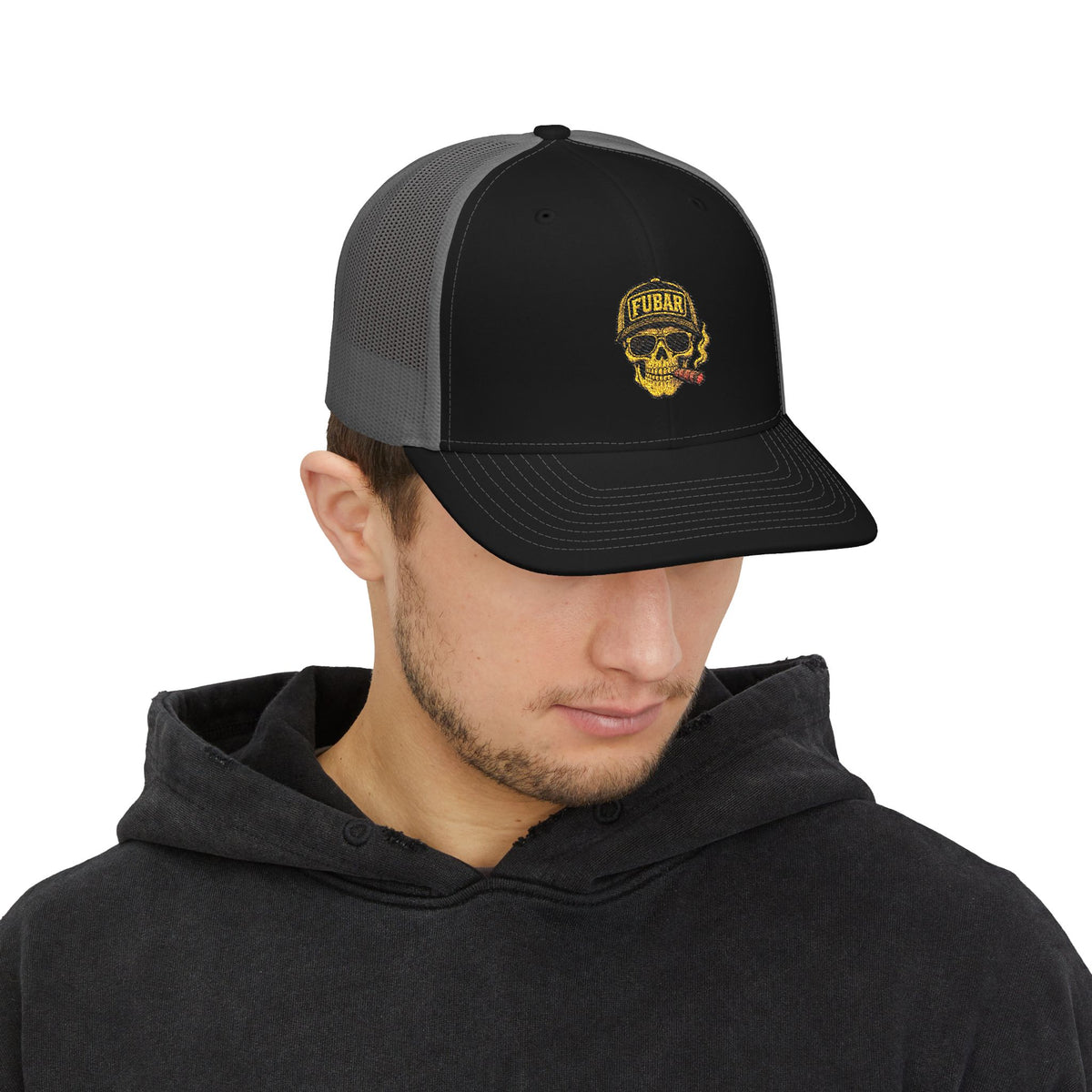 Richardson Skull & Cigar Trucker Cap — Snapback Hat (Embroidered)