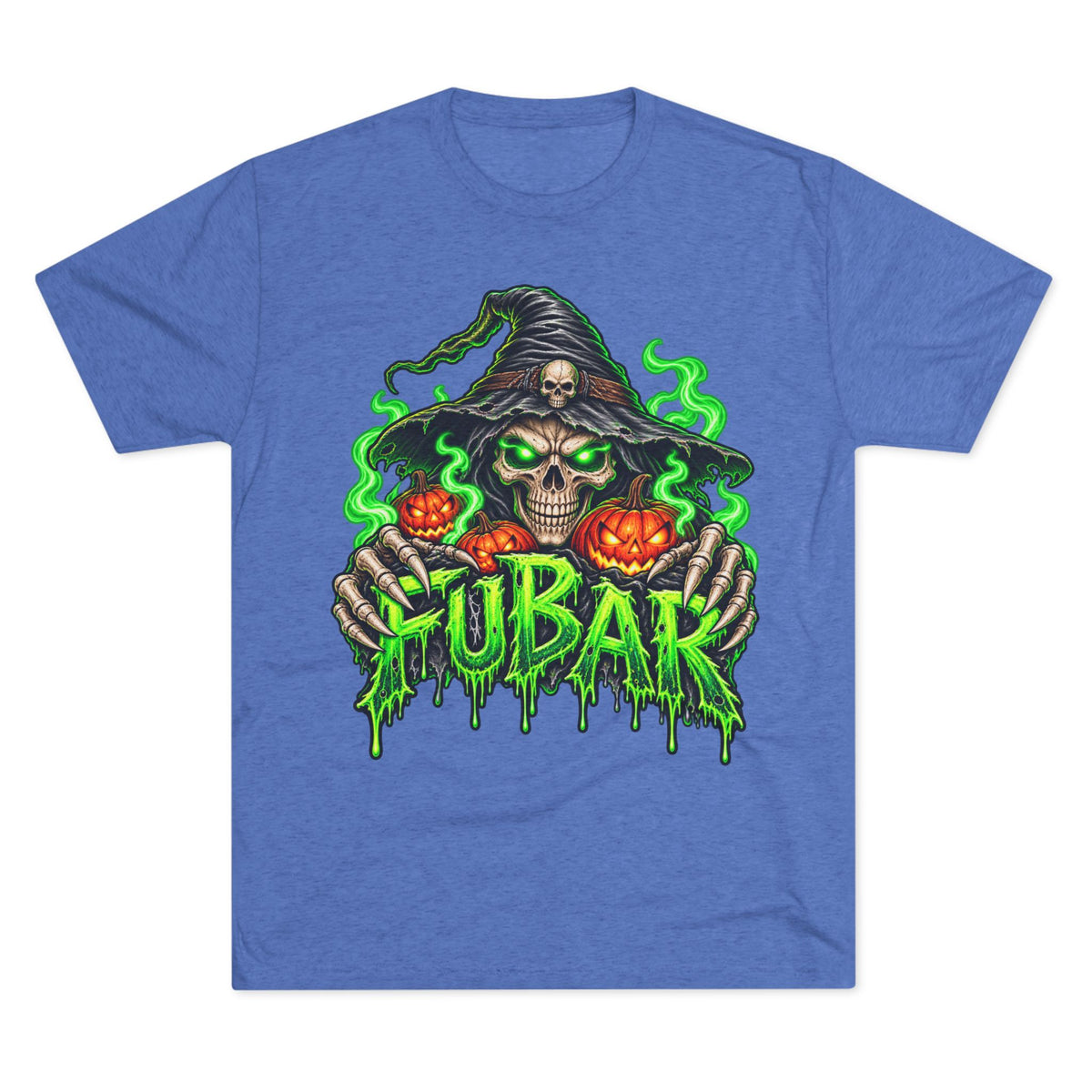 FUBAR Halloween Skull Tee — Neon Green Witch & Jack-o'-Lantern