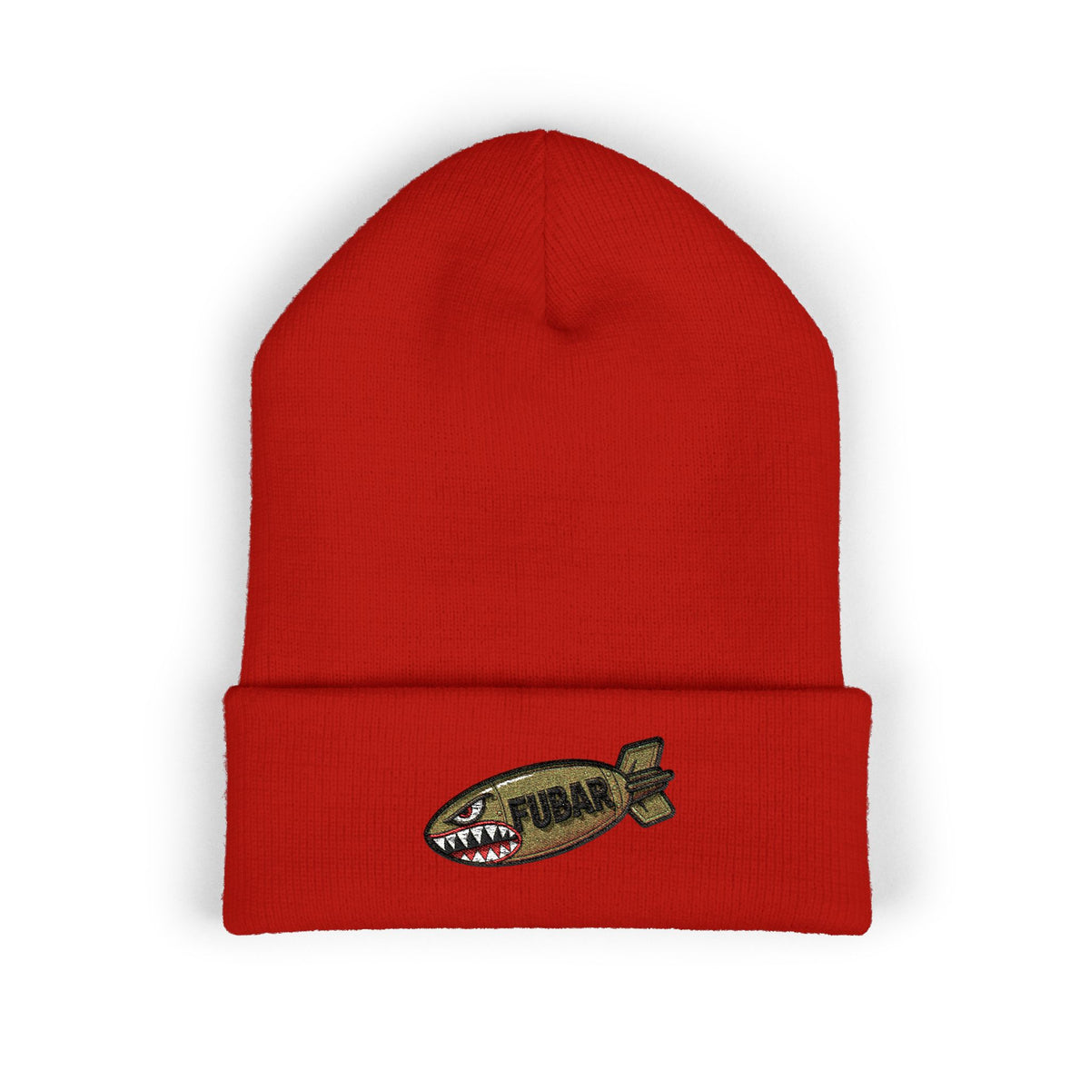 Embroidered Shark Bomb Cuffed Beanie — Yellow Cold-Weather Knit Hat