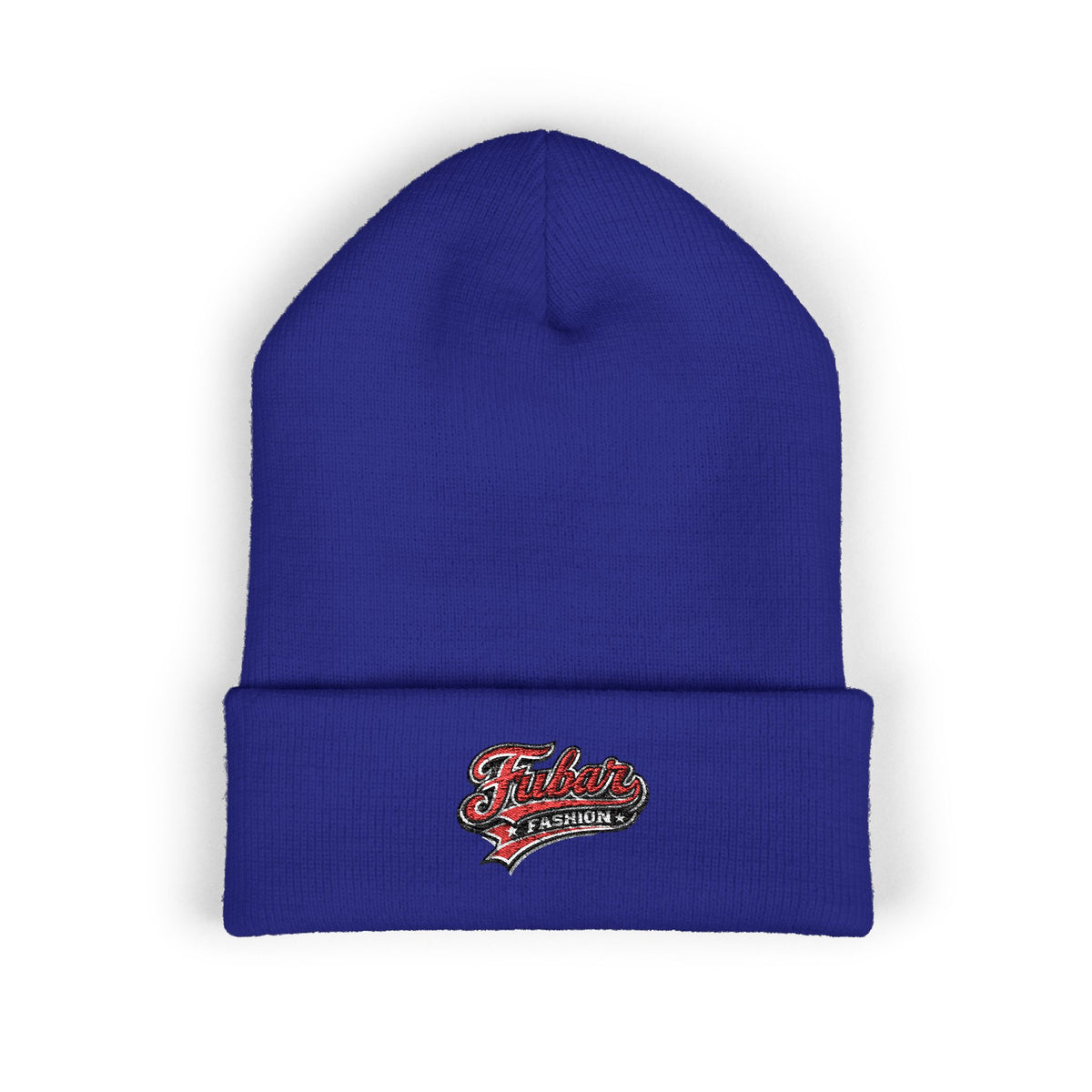 Embroidered Retro Script Beanie — Classic Cuffed Knit Hat