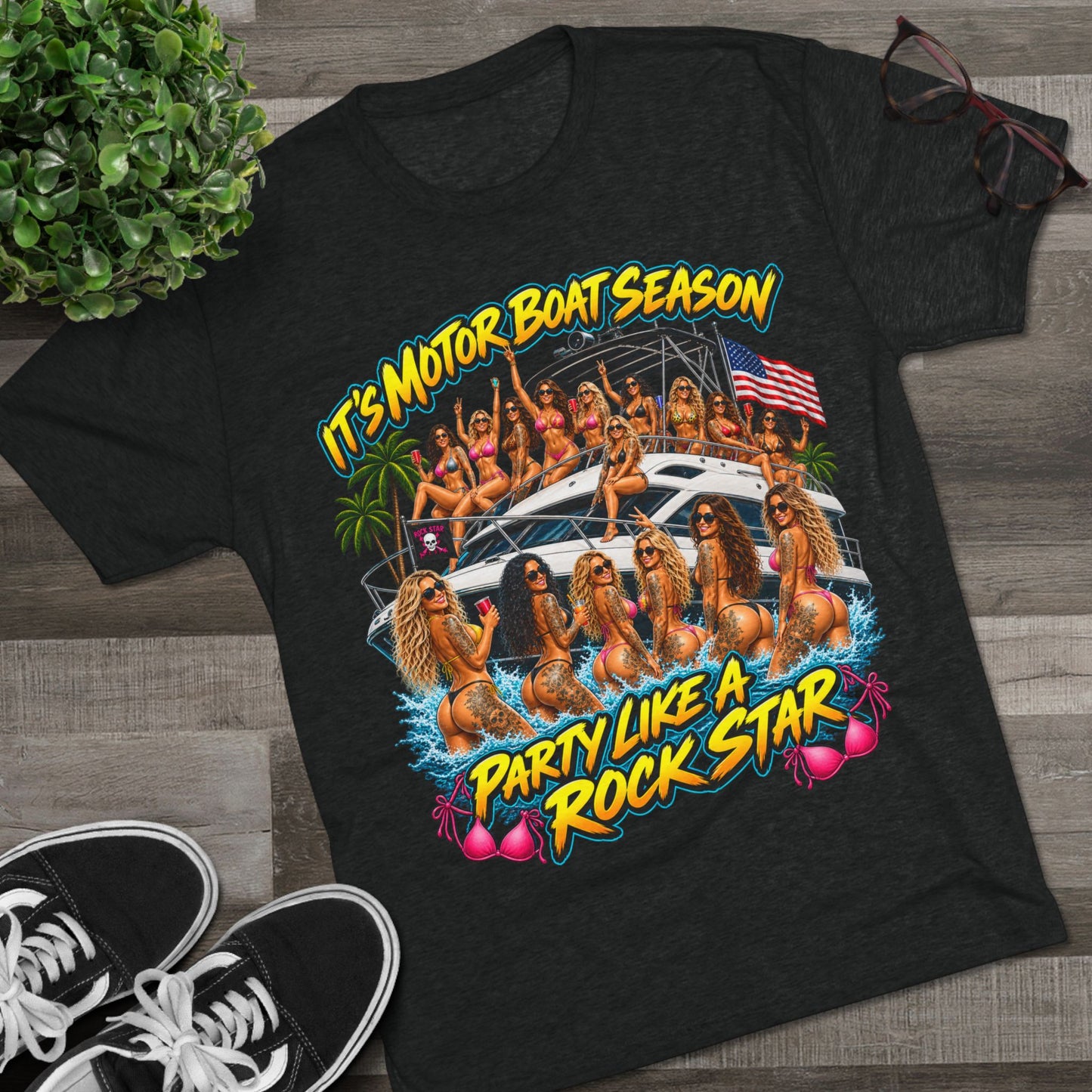 Motor Boat Season Party Tee — "Party Like a Rock Star" Graphic Shirt