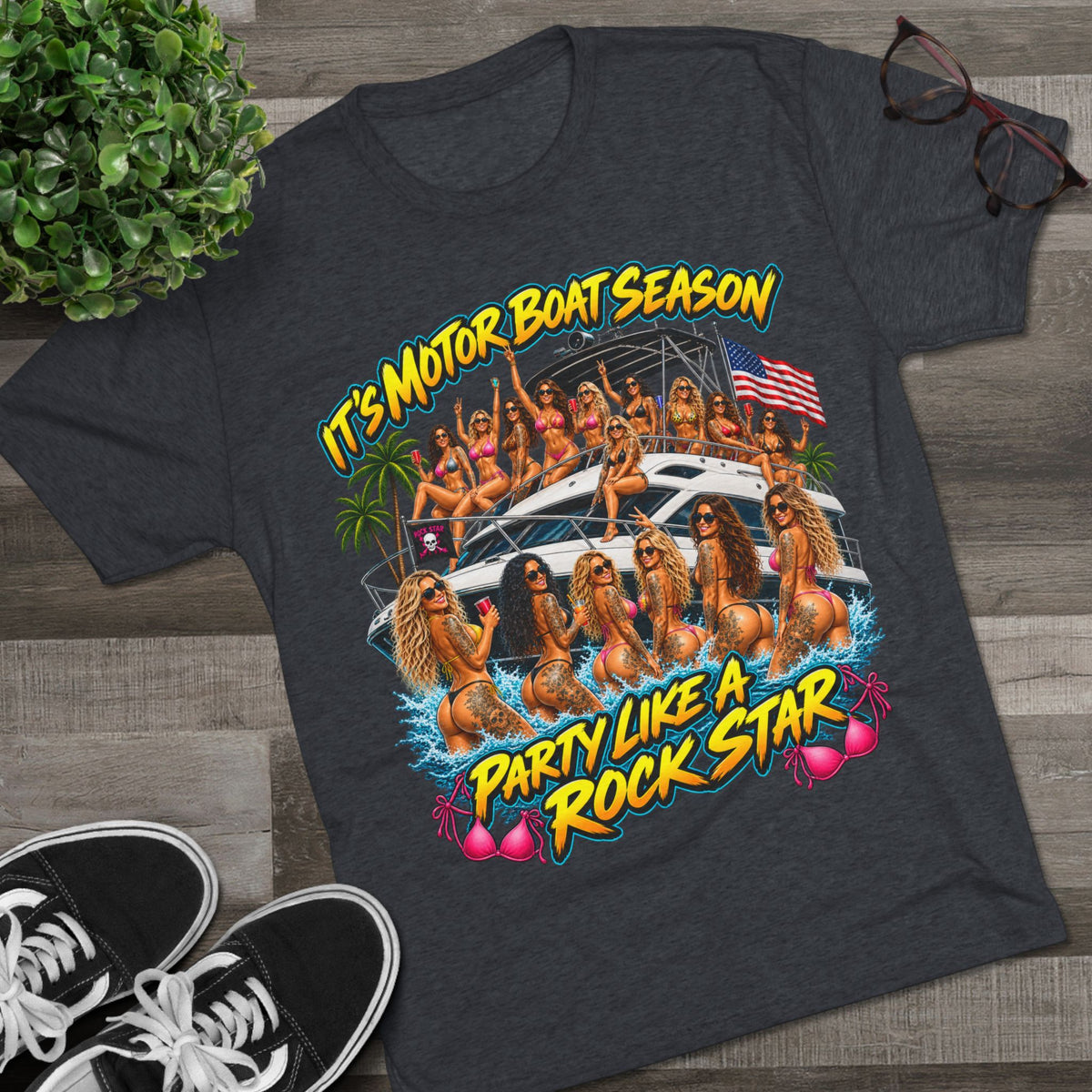 Motor Boat Season Party Tee — "Party Like a Rock Star" Graphic Shirt