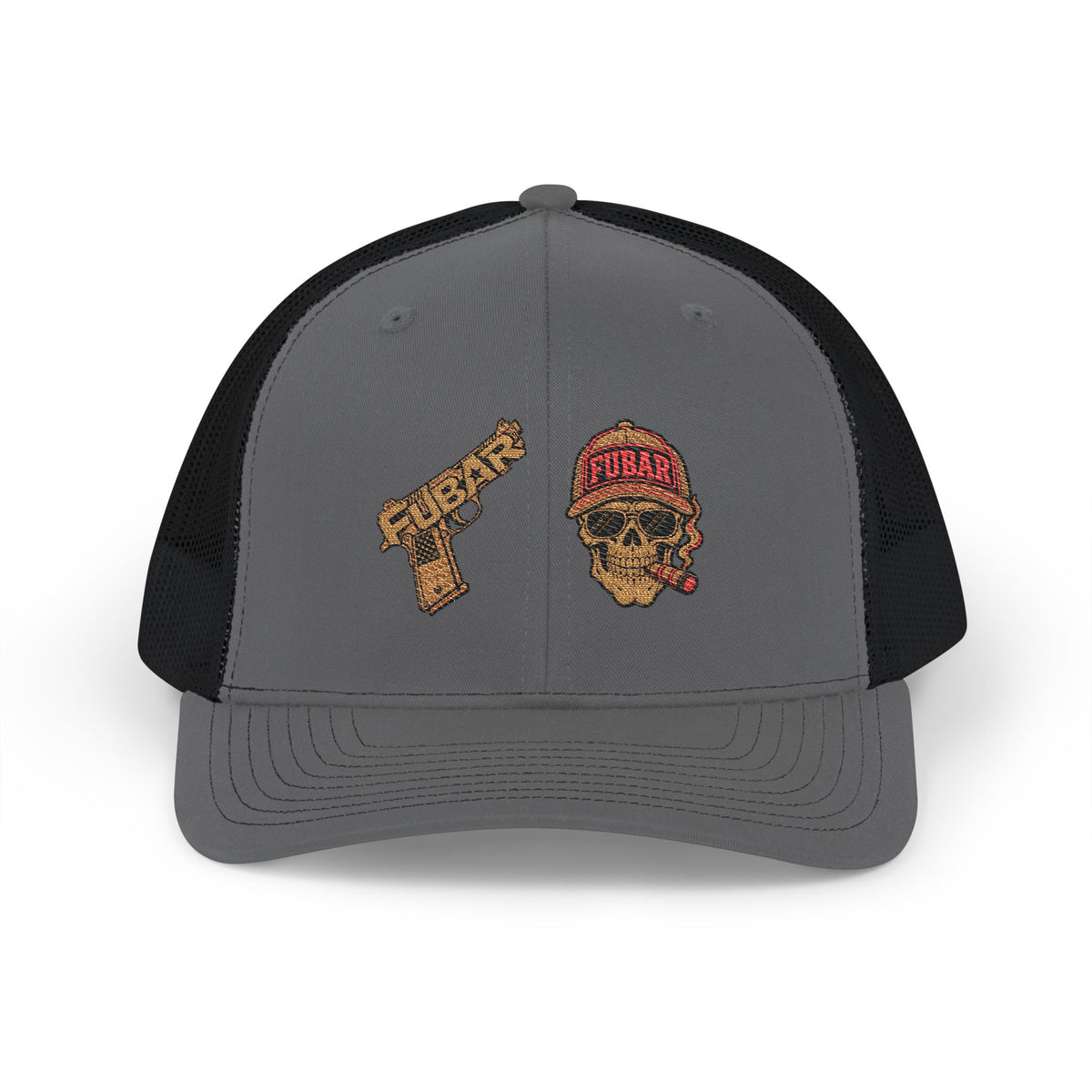 Richardson Trucker Cap — Gold Gun & Skull Patch (Embroidered)