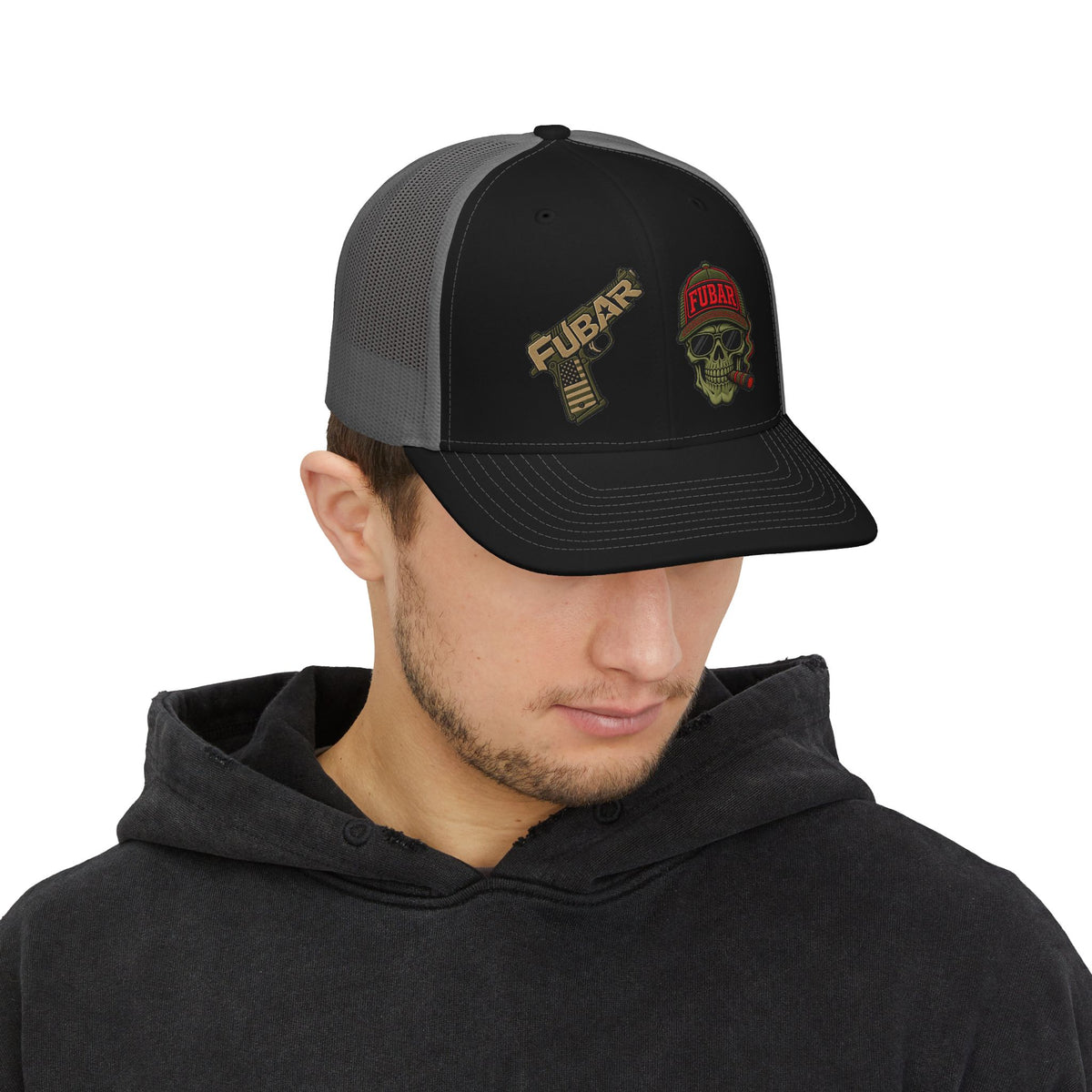FUBAR Skull Snapback Trucker Cap (Direct-To-Film, Curved-Visor)